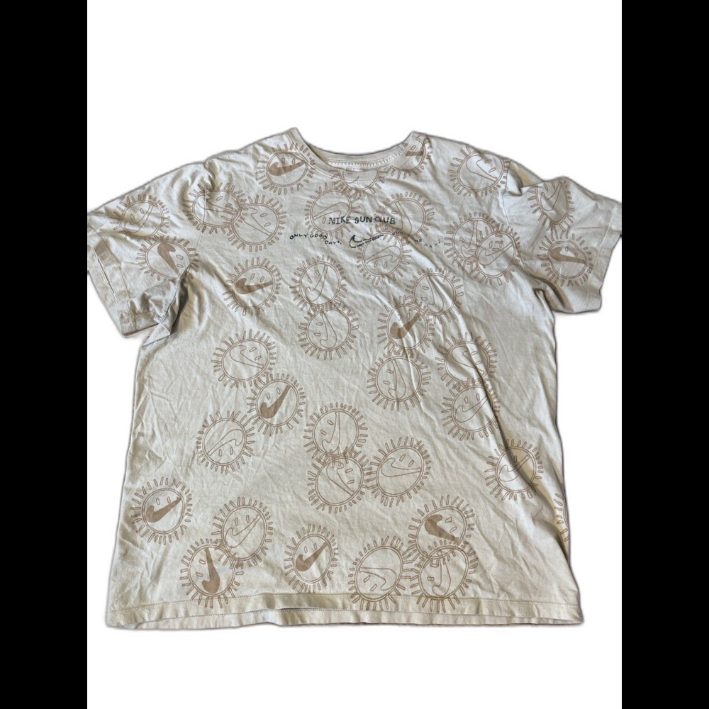 Nike Sun Club T Shirt Mens XL Beige All Over Print Smiley Swoosh Graphic